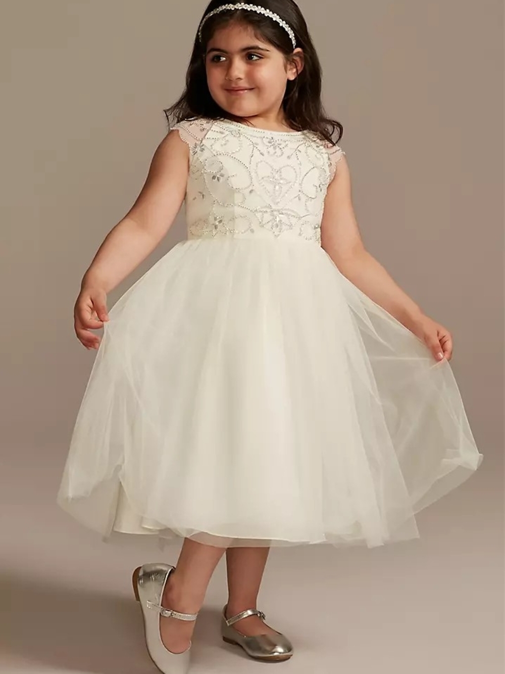 Beaded Bodice Cap Tulle Flower Girl Dress